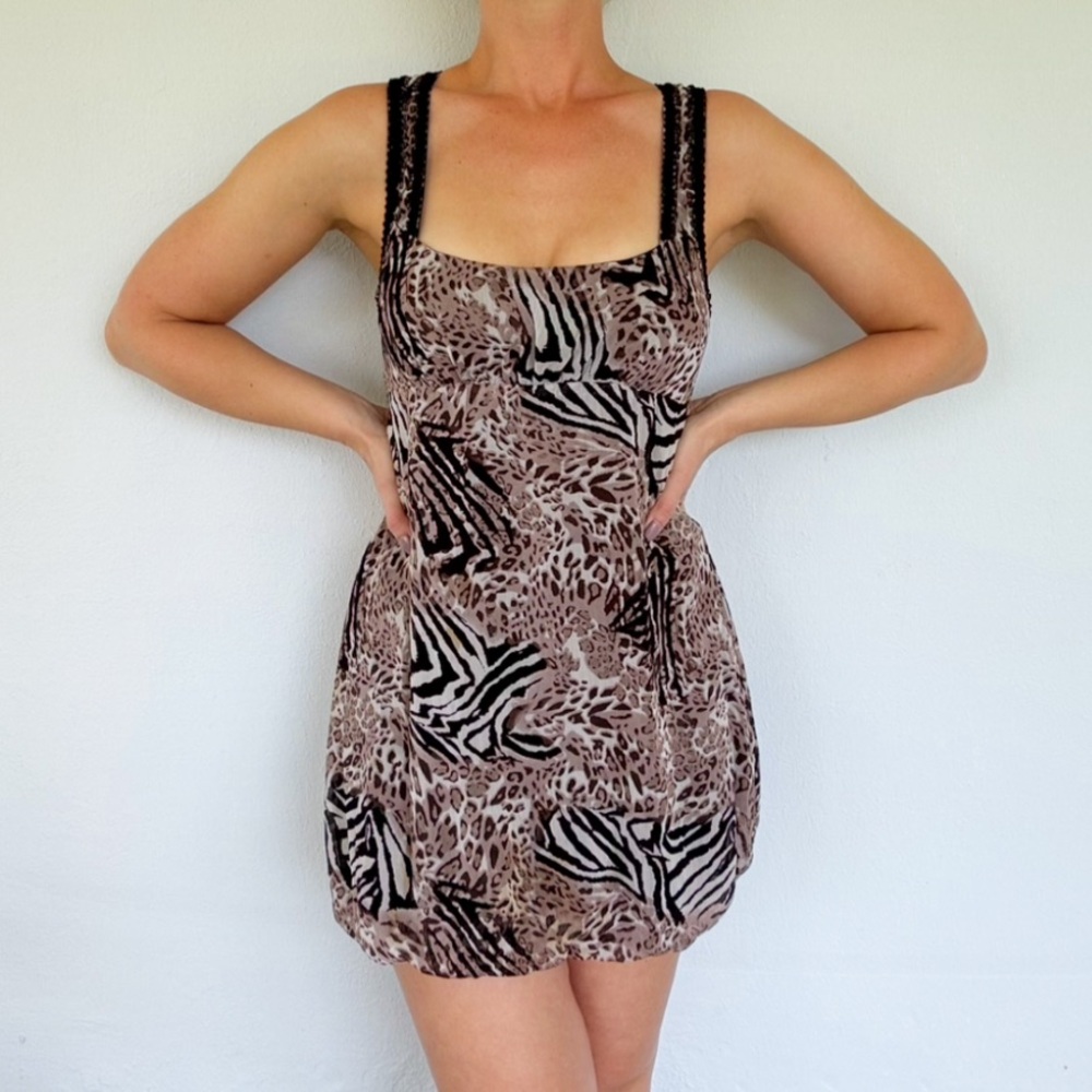 Guess vintage Y2K black brown leopard print bubble hem mini dress size 3